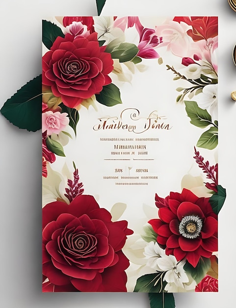 Modello di biglietto d'invito per matrimonio floreale colorato in design rosso intelligente con formato A4