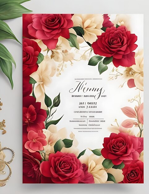 Modello di biglietto d'invito per matrimonio floreale colorato in design rosso intelligente con formato A4