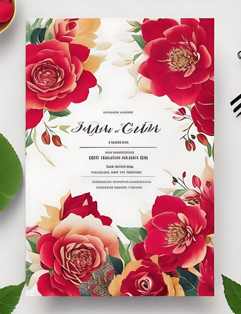 Modello di biglietto d'invito per matrimonio floreale colorato in design rosso intelligente con formato A4