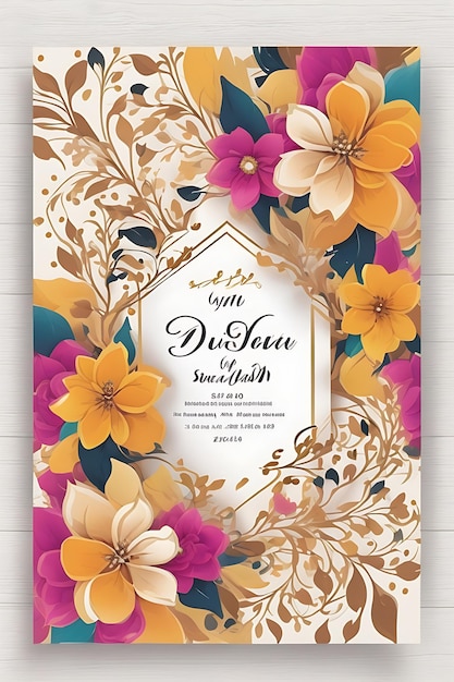 Modello di biglietto d'invito per matrimonio floreale colorato in elegante design dorato con formato A4