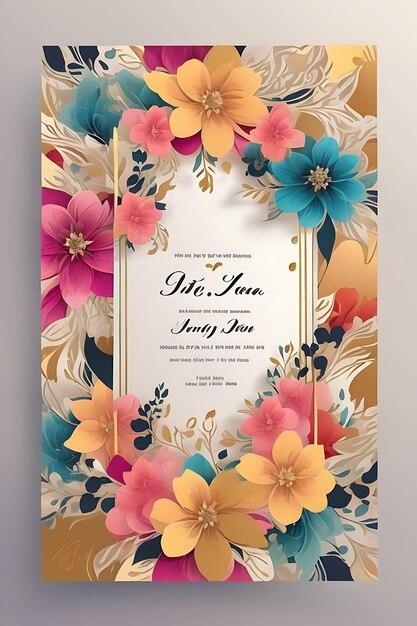 Modello di biglietto d'invito per matrimonio floreale colorato in elegante design dorato con formato A4