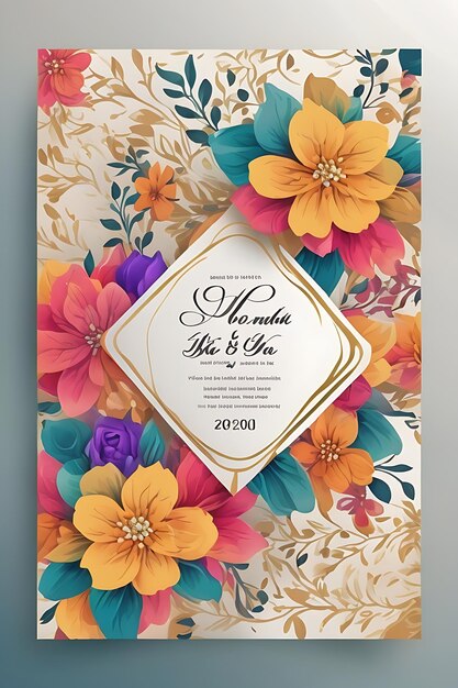 Modello di biglietto d'invito per matrimonio floreale colorato in elegante design dorato con formato A4