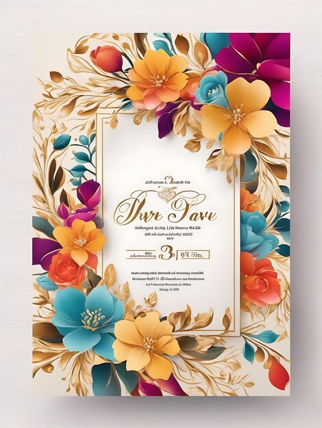 Modello di biglietto d'invito per matrimonio floreale colorato in elegante design dorato con formato A4
