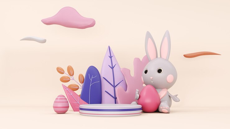 Modello di biglietto di auguri di Buona Pasqua con coniglio e uova 3d rendering sfondo festivo.
