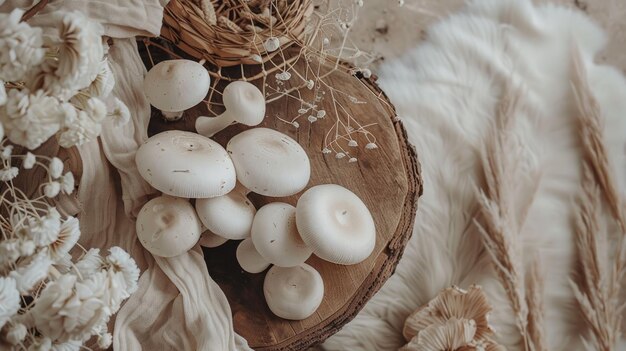 Modello di boho con un fondo di legno e funghi bianchi