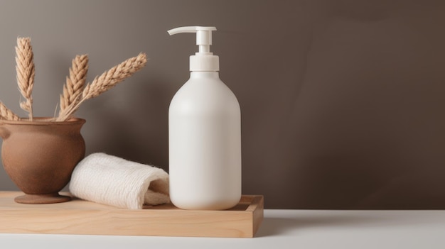 Modello di bottiglia bianca su podio in legno con decorazioni boho naturali Flatlay