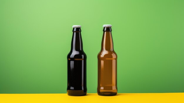 Modello di bottiglia di birra su sfondo giallo e verde illustrazione 3D Generative AI