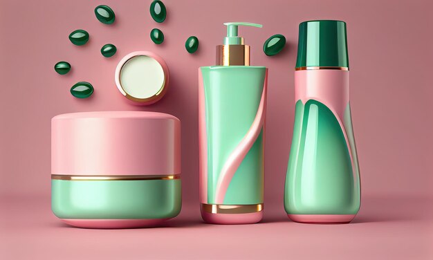 Modello di bottiglia di cosmetici Imballaggio pulito di smeraldo per lozione di crema su sfondo rosa vista superiore IA generativa