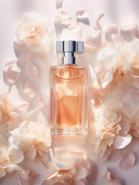 Modello di bottiglia di profumo su fiori bianchi Foto di alta qualità