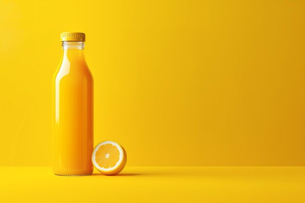 Modello di bottiglia di succo di agrumi su sfondo giallo Illustrazione generativa di IA