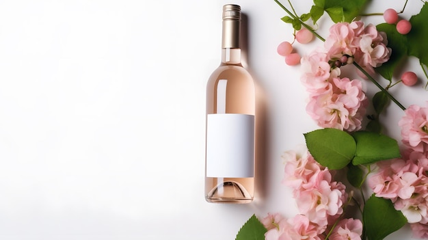 Modello di bottiglia di vino a rosa con rose rosa su sfondo bianco Vista superiore piatta