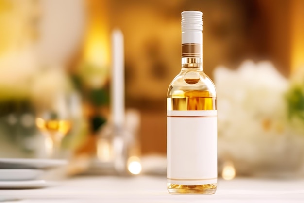 Modello di bottiglia di vino bianco sul tavolo con impostazione di vacanza su sfondo ristorante sfocato
