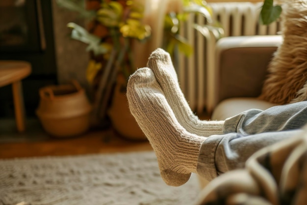Modello di calzini in un accogliente soggiorno un'immagine accogliente con un modello di calzini indossati da una modella in un conforto