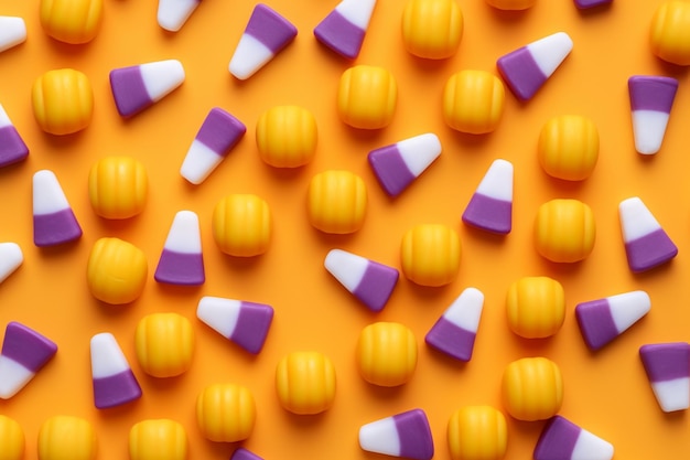 Modello di caramelle di Halloween su uno sfondo arancione Generato dall'intelligenza artificiale