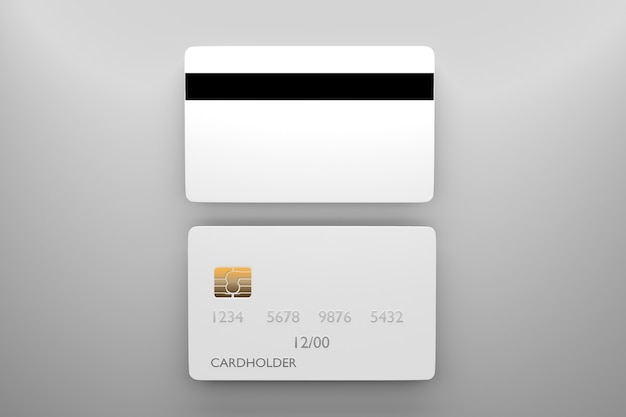 Modello di carta bancaria con lato posteriore. Modello di carta di credito vuoto per il tuo design. Rappresentazione 3D.