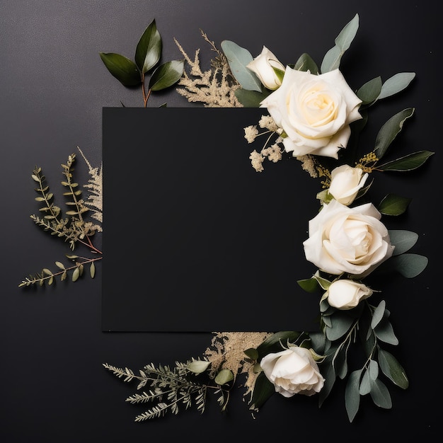 modello di carta bianca per matrimonio floreale con lettera romantica, cartolina d'invito per matrimonio nero
