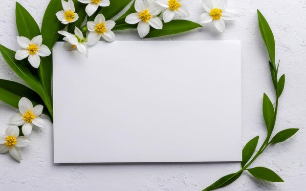Modello di carta di compleanno di matrimonio invito di biglietto di auguri di carta vuoto composizione floreale decorativa Closeup di fiori bianchi e foglie verdi spazio di copia