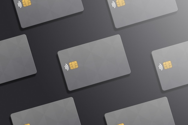 Modello di carte di credito platino realistiche su sfondo metallico. Modello di carte di credito per mockup.
