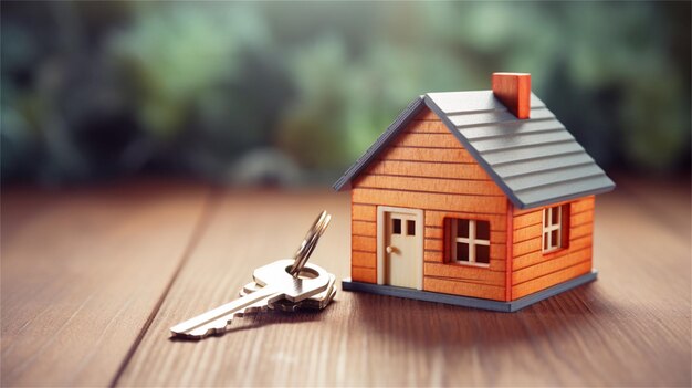 Modello di casa con chiave su tavola di legno Concetto di bene immobile e proprietà
