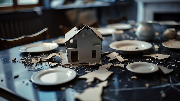 Modello di casa e piatti rotti su tavolo nero che raffigura la distruzione dopo il terremoto AI generativa