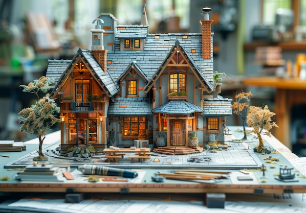 Modello di casa in legno Casa in miniatura sul tavolo con strumenti