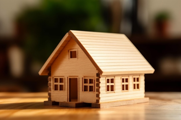 Modello di casa in legno su sfondo di legno che rappresenta la costruzione e l'ecologia