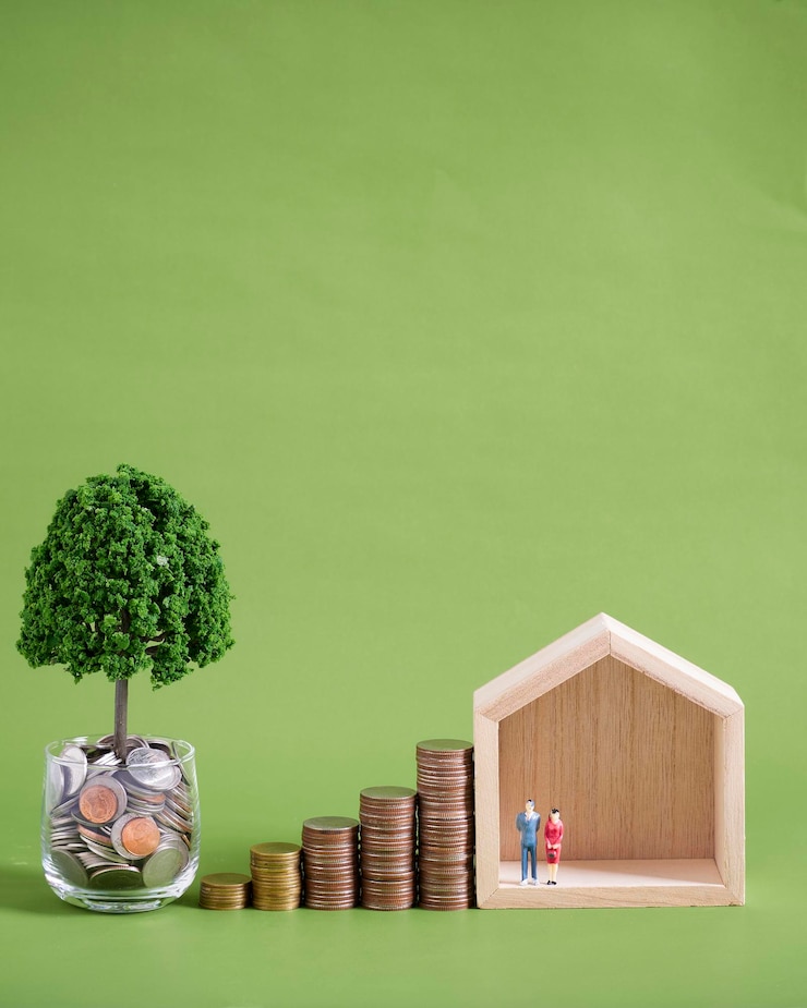 Modello di casa in miniatura con pile di monete