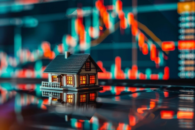 Modello di casa in miniatura contro i grafici del mercato azionario Mercato immobiliare
