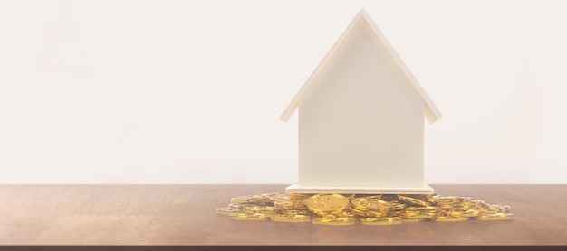 Modello di casa in miniatura unifamiliare mock e monete. concetto di investimento immobiliare immobiliare