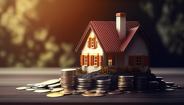 Modello di casa sul risparmio di monete in denaro per investimenti concettuali con la tecnologia generativa AI