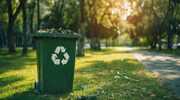 Modello di cassonetto della spazzatura e sfondo di natura pulita per la consapevolezza ambientale e la sostenibilità