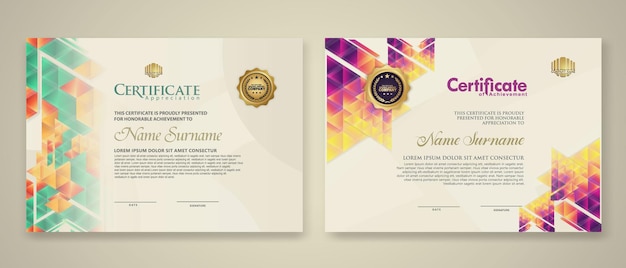 Modello di certificato a due set con colore poligonale dinamico e futuristico e sfondo moderno
