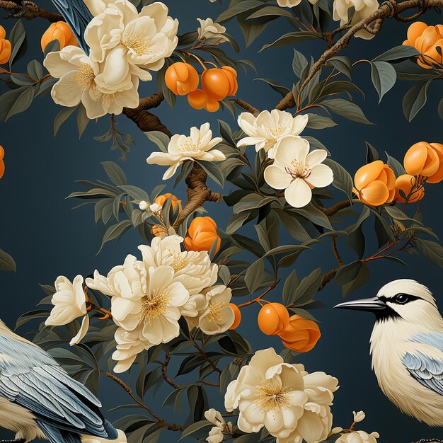 modello di chinoiserie senza cuciture con fiori e uccelli generativo ai