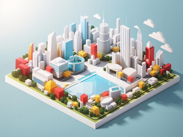 Modello di città bianca isometrica di ambiente architettonico Illustrazione urbana 3D