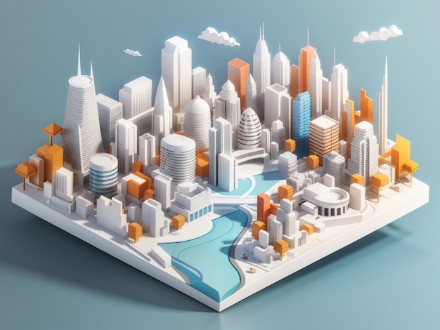 Modello di città bianca isometrica di ambiente architettonico Illustrazione urbana 3D