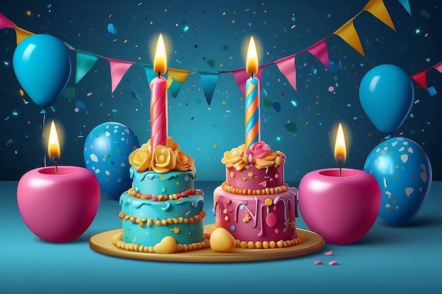 modello di compleanno felice È un ragazzo biglietto di auguri di compleanno con torta 3D carina e candela su sfondo blu per l'evento della festa di compleanno