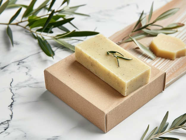 Modello di confezione della scatola di sapone con sapone d'oliva su sfondo bianco