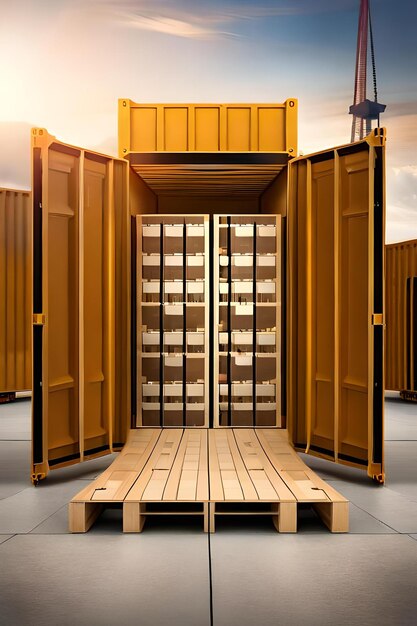 modello di container aperto con pallet e scatole di cartone servizi logistici aziendali globali