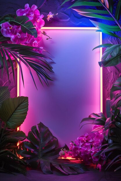 Modello di cornice al neon con foglie e fiori tropicali