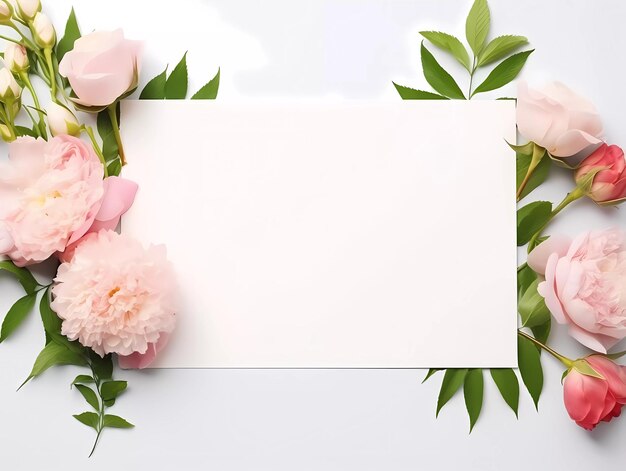 Modello di cornice con fiori di rose e pioni su uno sfondo bianco Banner o carta regalo con cornice fiorita