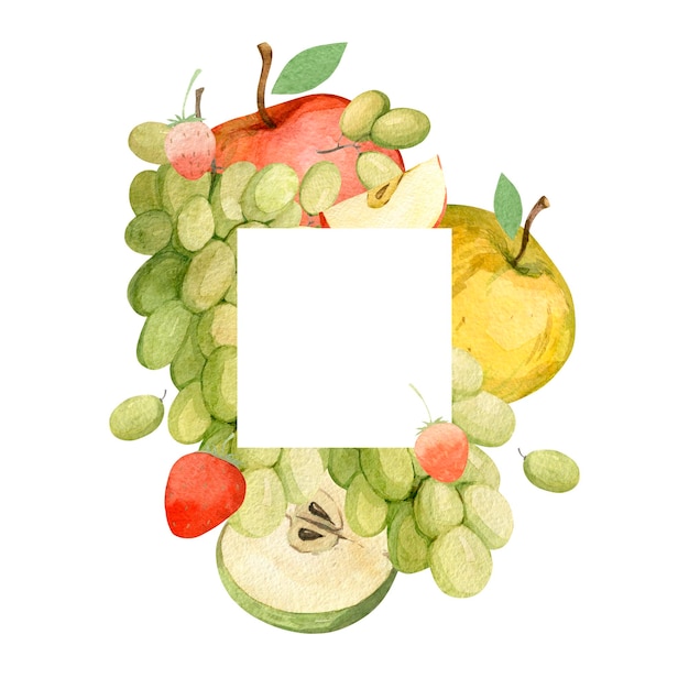 Modello di cornice con illustrazioni ad acquerello di frutta Modello per la progettazione e la stampa per negozi con siti Web o blog di prodotti alimentari sani