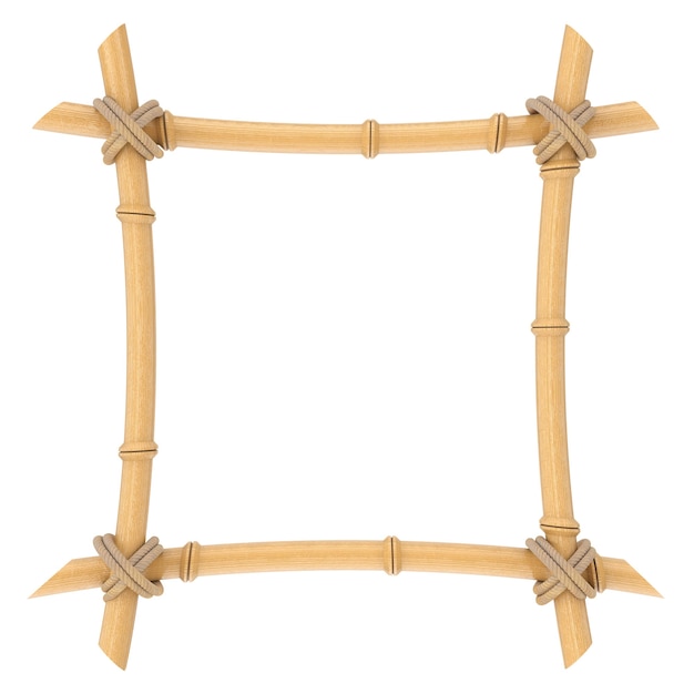 Modello di cornice di bastoncini di bambù in legno su sfondo bianco. Rendering 3D