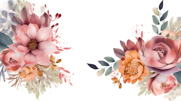 Modello di cornice floreale Boho con fiori e foglie ad acquerello isolati su sfondo bianco