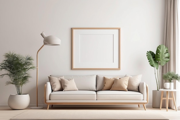 Modello di cornice fotografica vuota nel moderno design d'interni del soggiorno con sfondo bianco dell'unità multimediale