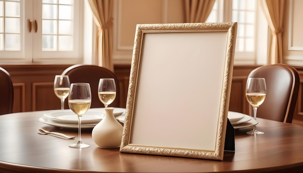 modello di cornice fotografica vuota o vuota in sala da pranzo di lusso e sfondo di colore crema