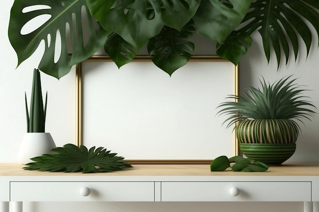 Modello di cornice orizzontale bianca in stile boho con foglie di piante verdi rendering 3D Generative AI