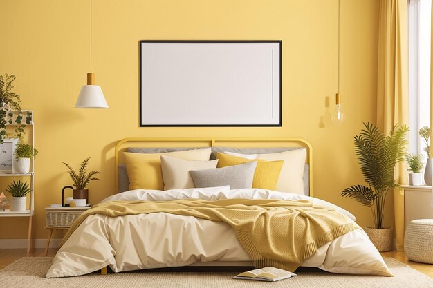 Modello di cornice orizzontale del poster sulla parete gialla della camera da letto