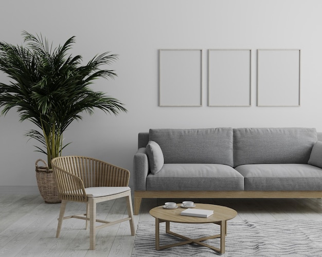 modello di cornice verticale in legno vuoto in moderno interno salotto sfondo in toni grigi con divano grigio e poltrona in legno palma e tavolo da caffè stile scandinavo 3d renderxA