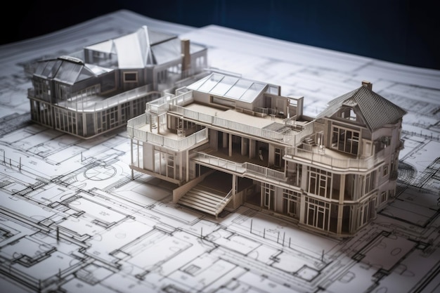 Modello di costruzione di una casa in piedi su progetto architettonico IA generativa