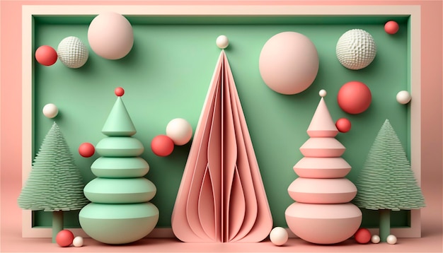 Modello di decorazione natalizia in carta con alberi in colori pastello in formato 3D con spazio per il testo Biglietto natalizio generato dall'AI